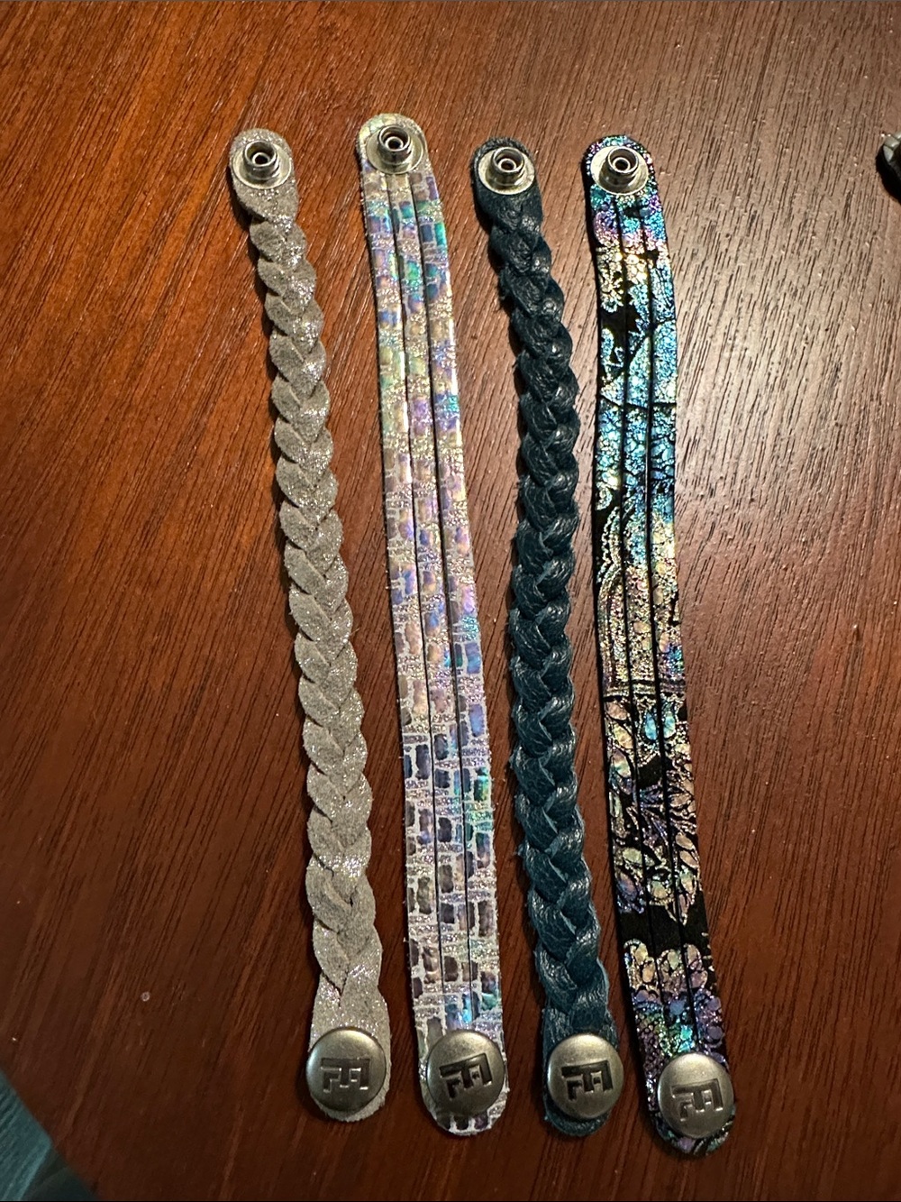 Braided and Patterned Snap Bracelet Set - Metallic Silver, Multi, Teal, Black